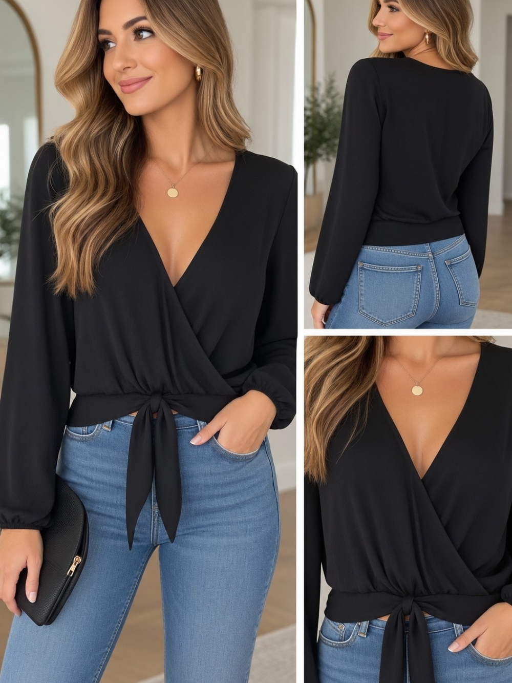 Express Black Tie-Front Wrap V-Neck Blouse